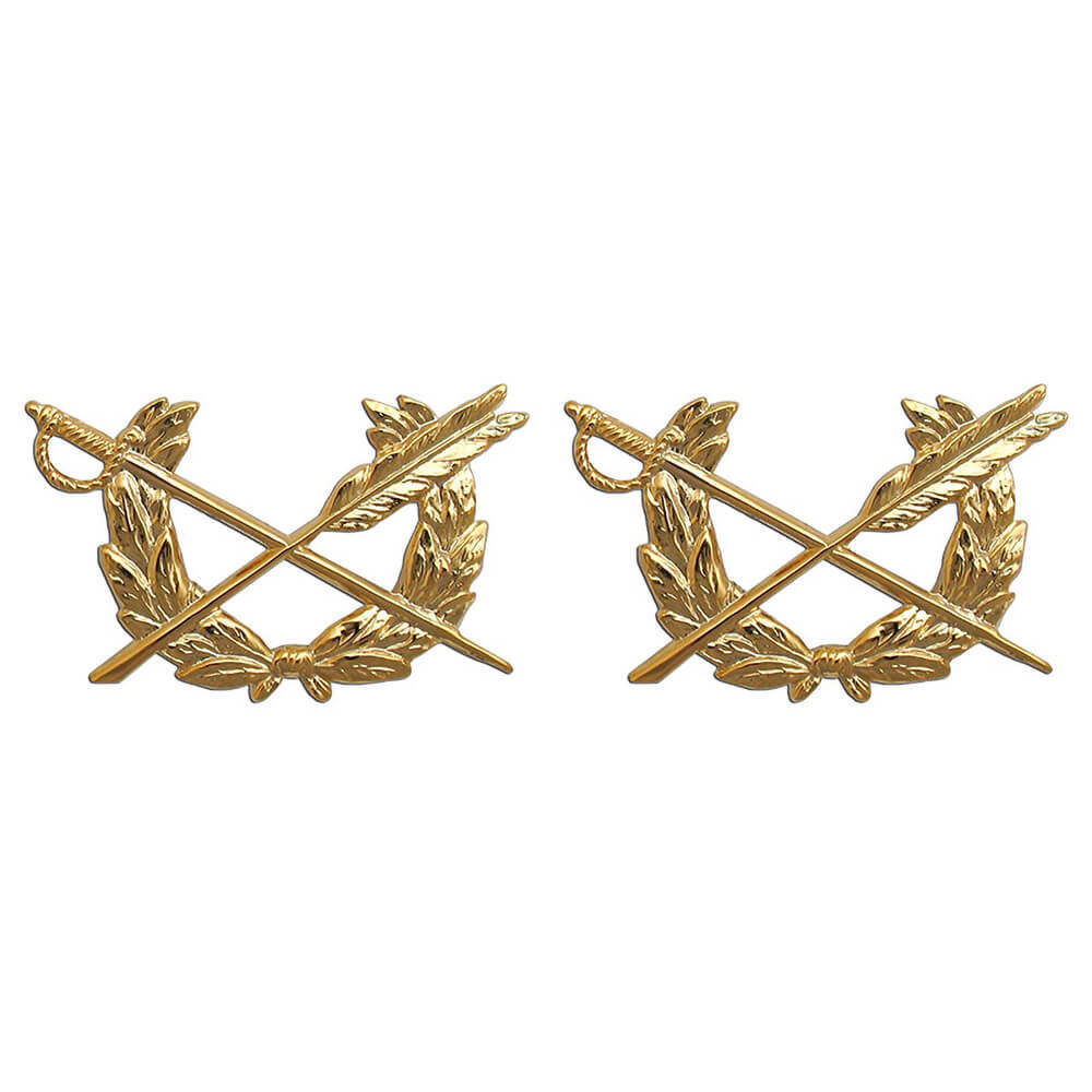 A pair of gold military insignia pins featuring crossed swords and laurel wreaths, displayed side-by-side on a plain white background.