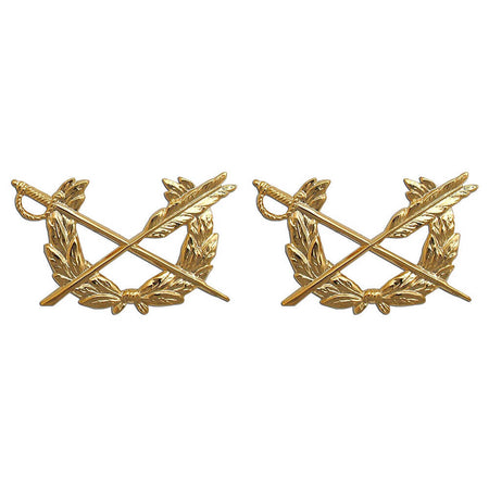 A pair of gold military insignia pins featuring crossed swords and laurel wreaths, displayed side-by-side on a plain white background.