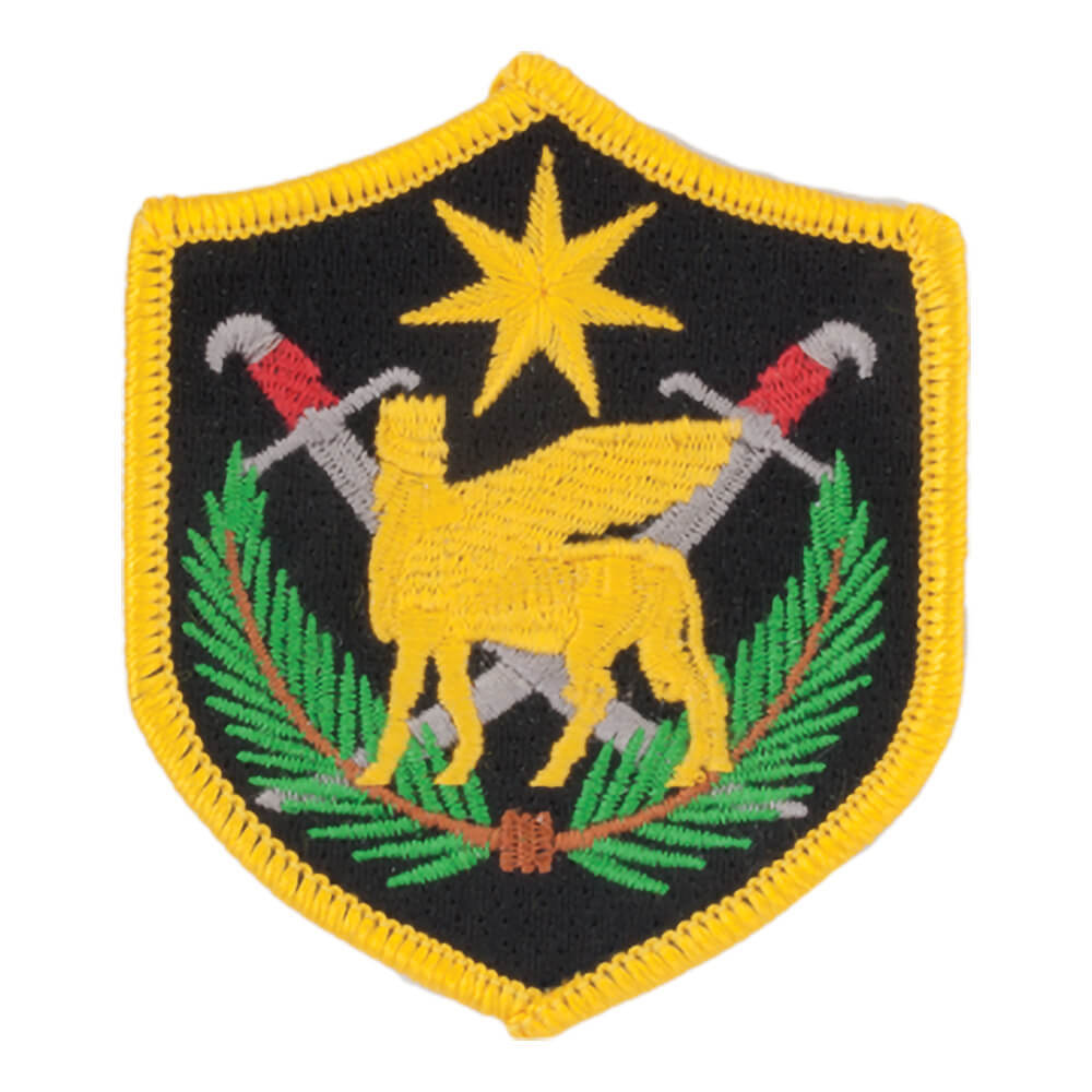 An embroidered shield-shaped patch featuring a yellow wolf on a black background with a yellow star, crossed gray swords, and green laurel branches, outlined in yellow.