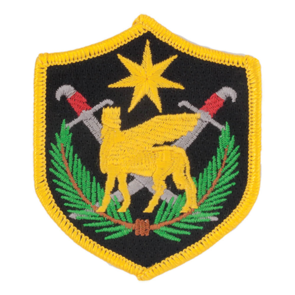 An embroidered shield-shaped patch featuring a yellow wolf on a black background with a yellow star, crossed gray swords, and green laurel branches, outlined in yellow.
