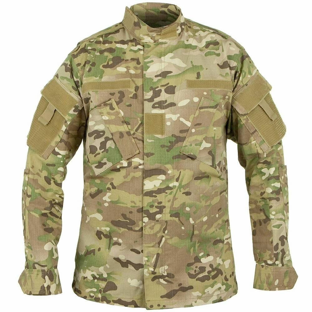 A military-style combat jacket in a multicam camouflage pattern, featuring a high collar, front button closure, and multiple utility pockets on the sleeves and chest, shown against a plain white background.