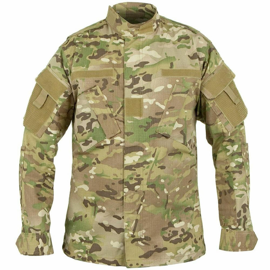A military-style combat jacket in a multicam camouflage pattern, featuring a high collar, front button closure, and multiple utility pockets on the sleeves and chest, shown against a plain white background.