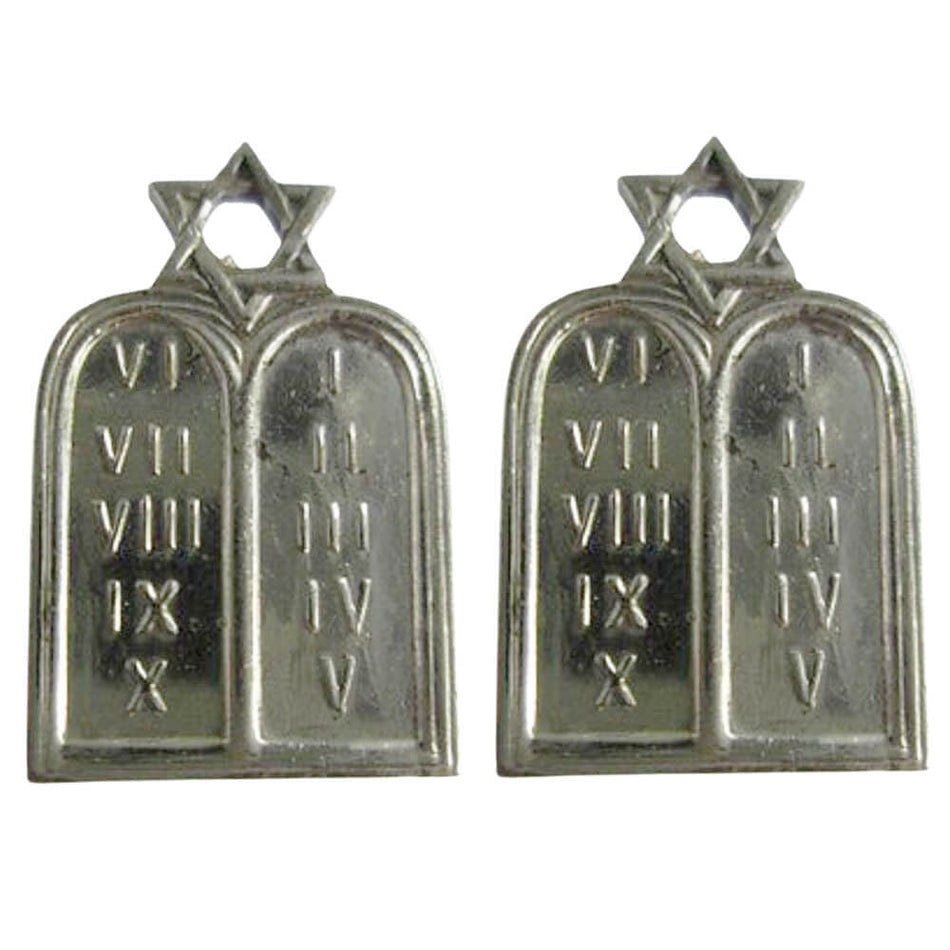 Two silver-toned metal mezuzah case charms shaped like the tablets with Roman numerals and a Star of David on a white background.