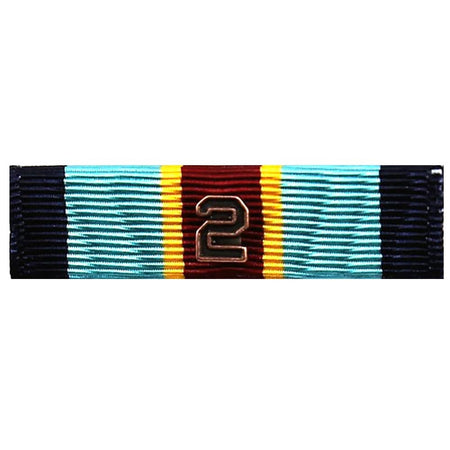 Army Overseas Service Ribbon with horizontal stripes in navy blue, teal, yellow, and burgundy, featuring a metallic gold number 2 in the center.