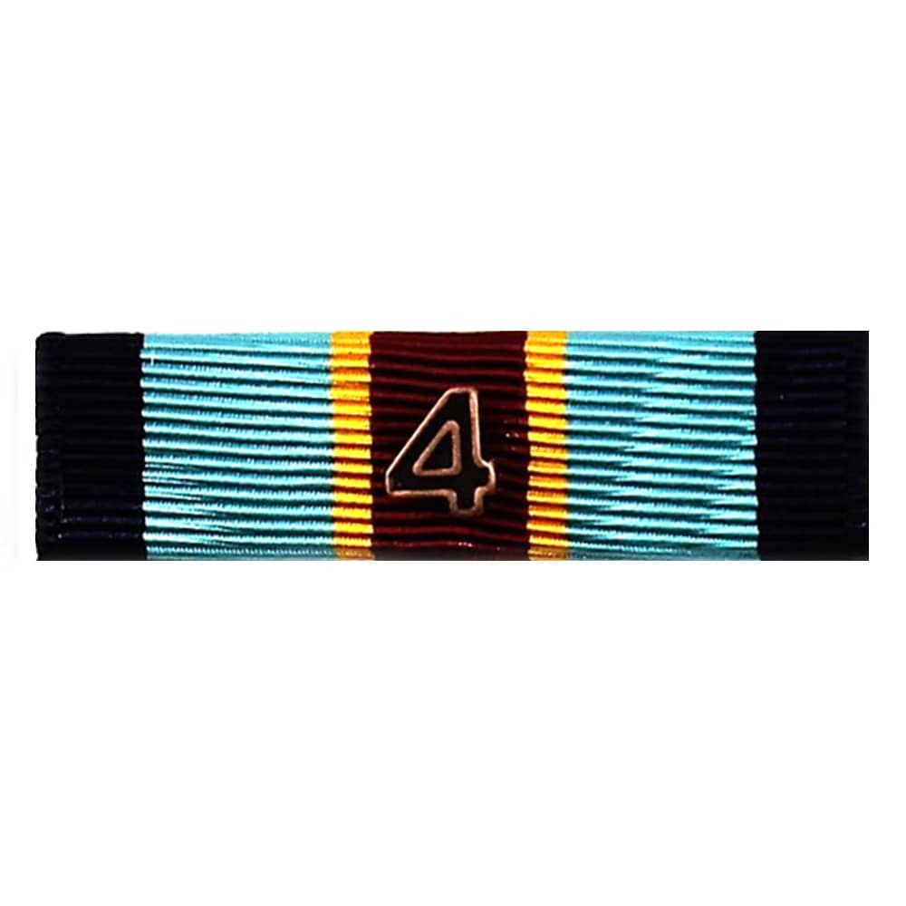 Army Overseas Service Ribbon featuring a light blue and black striped pattern with a central vertical maroon stripe, a yellow border stripe, and a metallic gold number '4' in the middle.