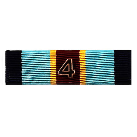 Army Overseas Service Ribbon featuring a light blue and black striped pattern with a central vertical maroon stripe, a yellow border stripe, and a metallic gold number '4' in the middle.