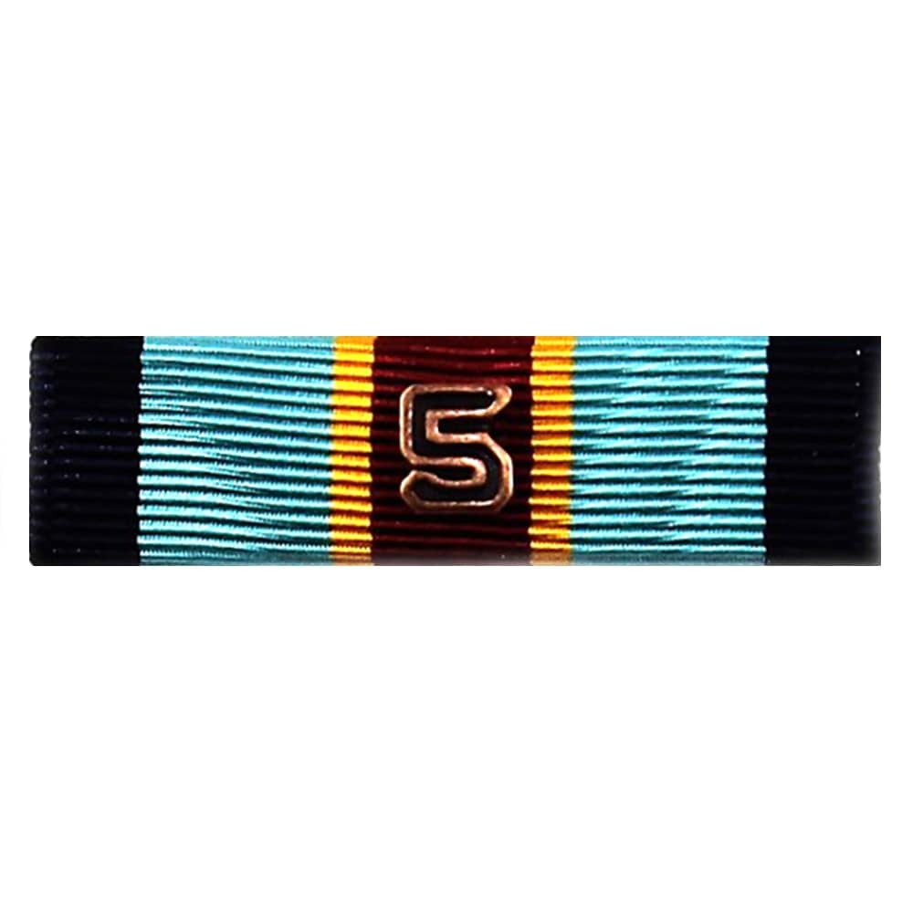 Army Overseas Service Ribbon featuring a central gold-colored number '5' on a dark red stripe, flanked by yellow, light blue, and black stripes, shown on a plain white background.