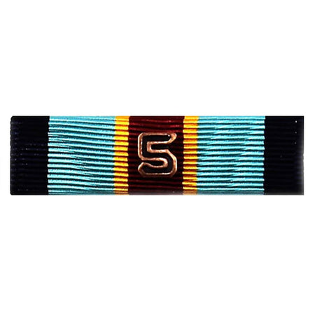 Army Overseas Service Ribbon featuring a central gold-colored number '5' on a dark red stripe, flanked by yellow, light blue, and black stripes, shown on a plain white background.