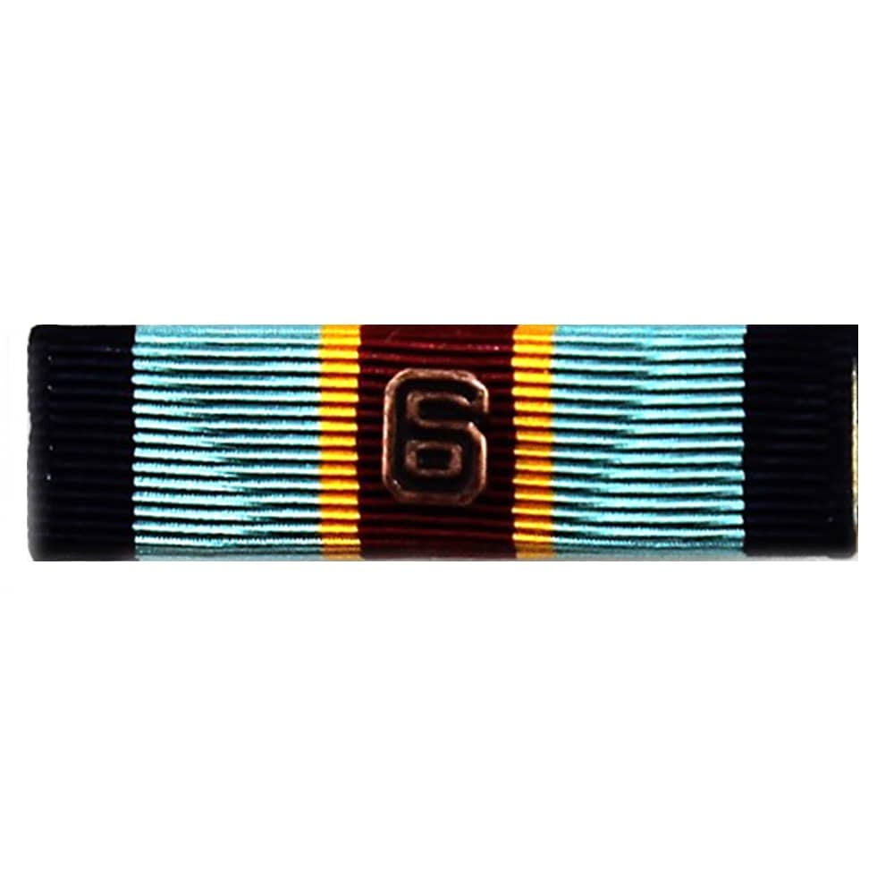 Army Overseas Service Ribbon with with horizontal stripes in black, light blue, maroon, and gold, featuring a metallic bronze '6' in the center.