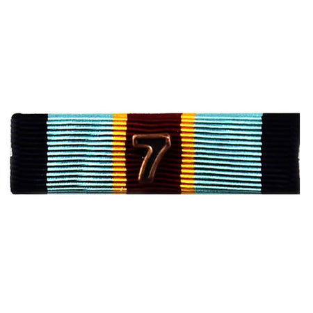 Army Overseas Service Ribbon featuring a central dark red stripe with a metallic bronze number '7', flanked by light blue and yellow stripes, and bordered by black on the sides, shown on a plain white background.