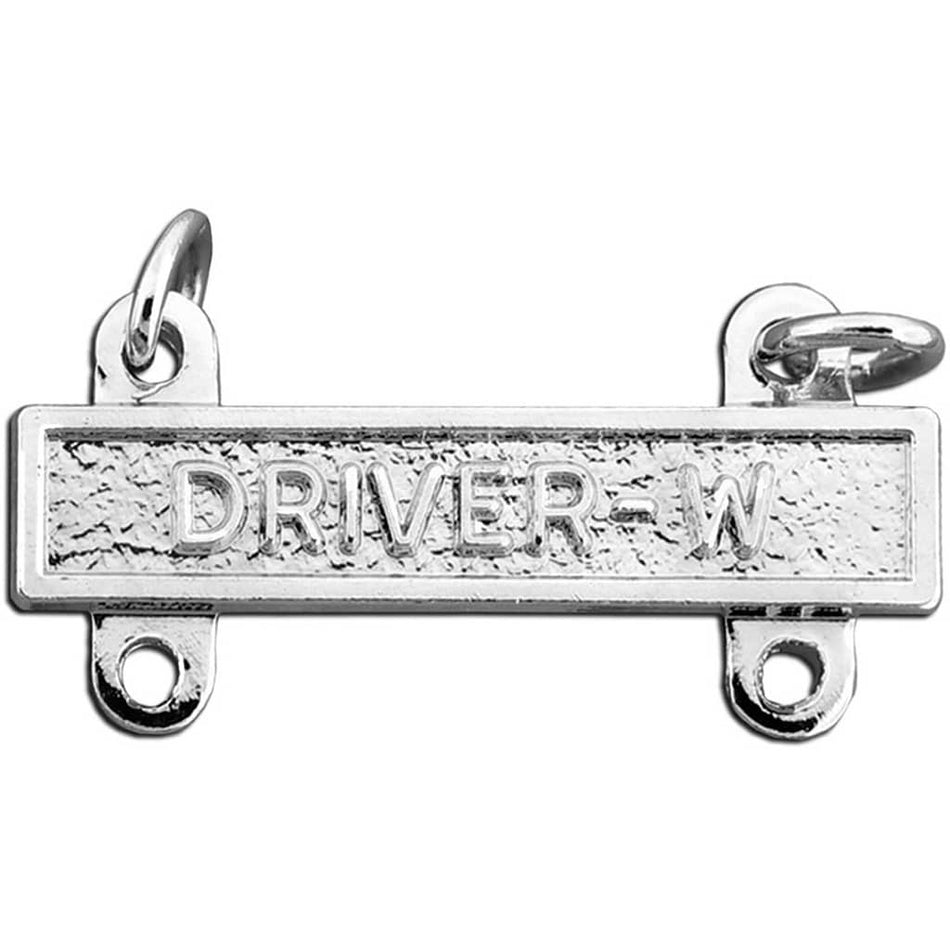 A silver-colored metal driver's license plate frame charm with the text 'DRIVER-W' embossed on a textured background, featuring two loops at the top and two mounting holes at the bottom, shown on a plain white background.