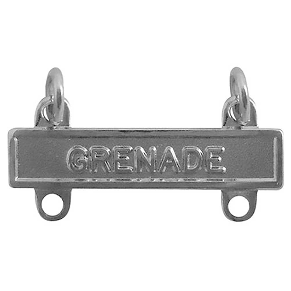 A silver metal rectangular bar pendant with the word 'GRENADE' embossed across the center, featuring two hanging loops at the top and two circular loops at the bottom, shown on a plain white background.