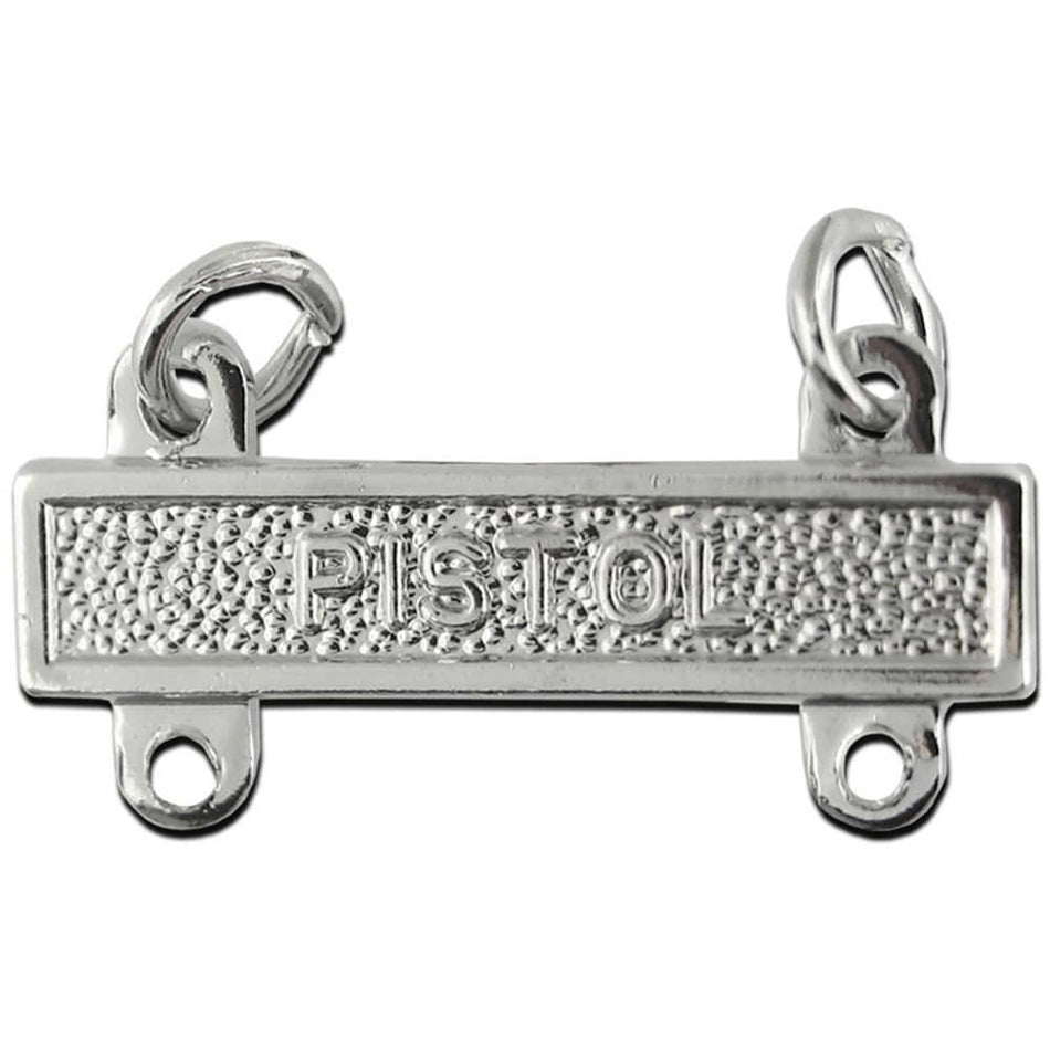 A silver metal bar pendant featuring the word 'PISTOL' embossed in the center, with two hanging loops at the top and two circular holes at the bottom, shown on a plain white background.