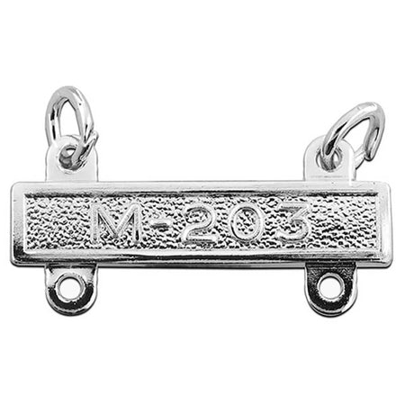A silver-toned rectangular metal charm with a textured surface, featuring the embossed text 'M-203' and two hanging loops at the top, shown on a plain white background.
