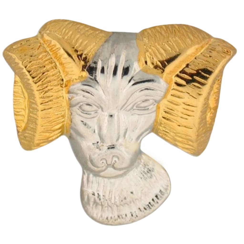 A ram head pendant or charm featuring a polished silver-toned face and textured gold-toned curved horns, shown on a plain white background.