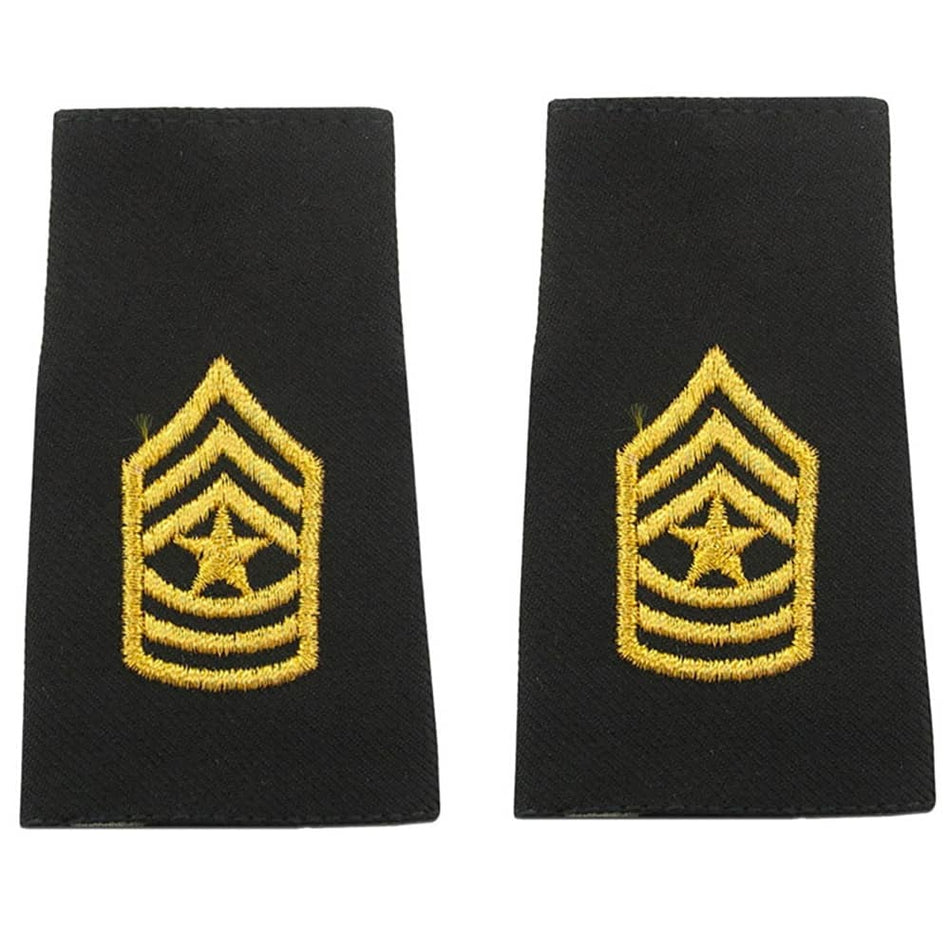 A pair of black military rank insignia shoulder patches with gold embroidered chevron stripes and a central star, displayed side-by-side on a white background.