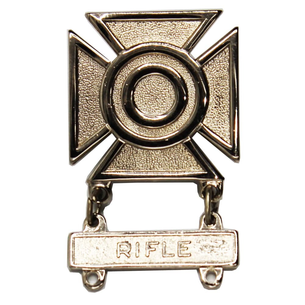 A metallic silver-toned Army Marksmanship Badges Weapons badge and a hanging bar engraved with the word 'RIFLE'.
