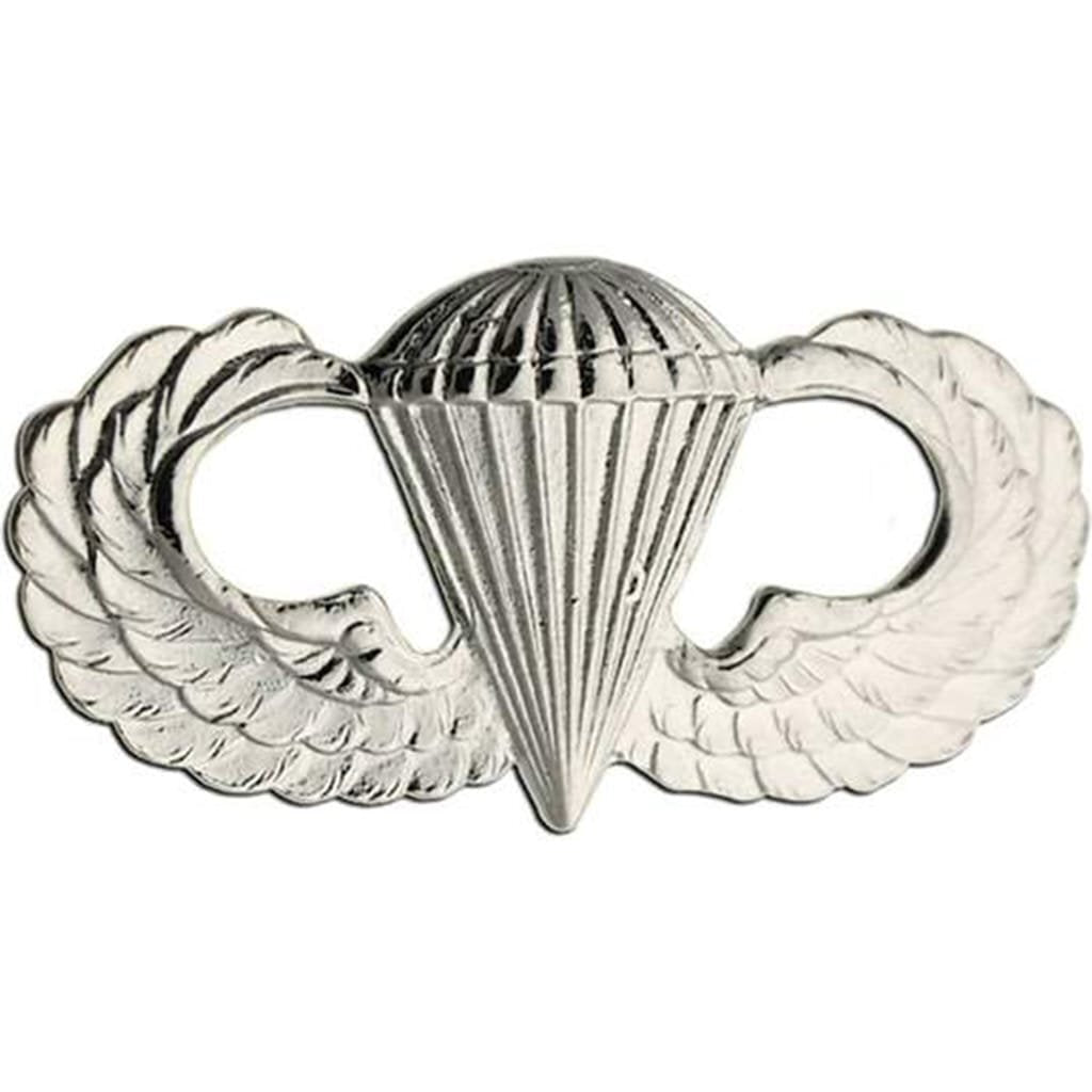 Army Basic Parachutist Badge a silver-colored metal insignia featuring a parachute in the center flanked by two wings, shown on a plain white background.