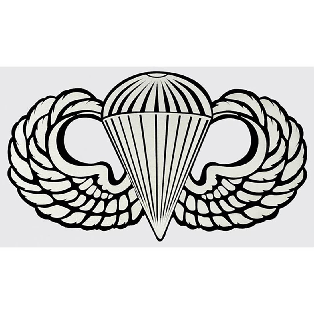 Black and white military emblem with wings and a parachute on a light gray background