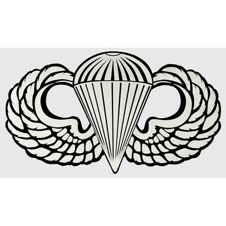 Black and white military emblem with wings and a parachute on a light gray background