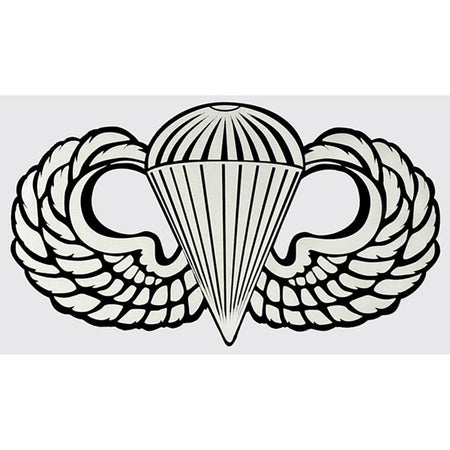 Army Basic Parachutist Decal 4" x 2.5" Black and white military emblem with wings and a parachute on a light gray background