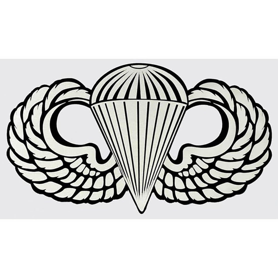 Army Basic Parachutist Decal 4" x 2.5" Black and white military emblem with wings and a parachute on a light gray background