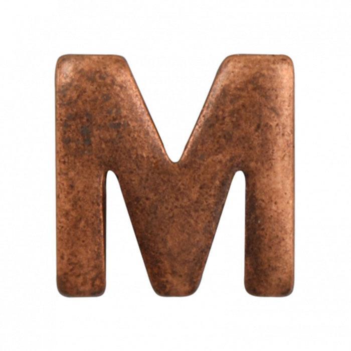 A single uppercase letter M with a distressed, textured metallic finish in a warm copper-brown color, isolated on a white background.