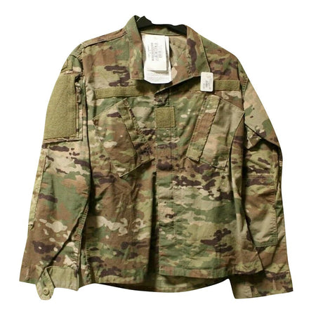 Army FRACU Jacket Flame-Resistant Combat Uniform Coat in OCP camouflage pattern, featuring a button-up front, multiple utility pockets, and shoulder epaulets, shown with retail tags on a white background
