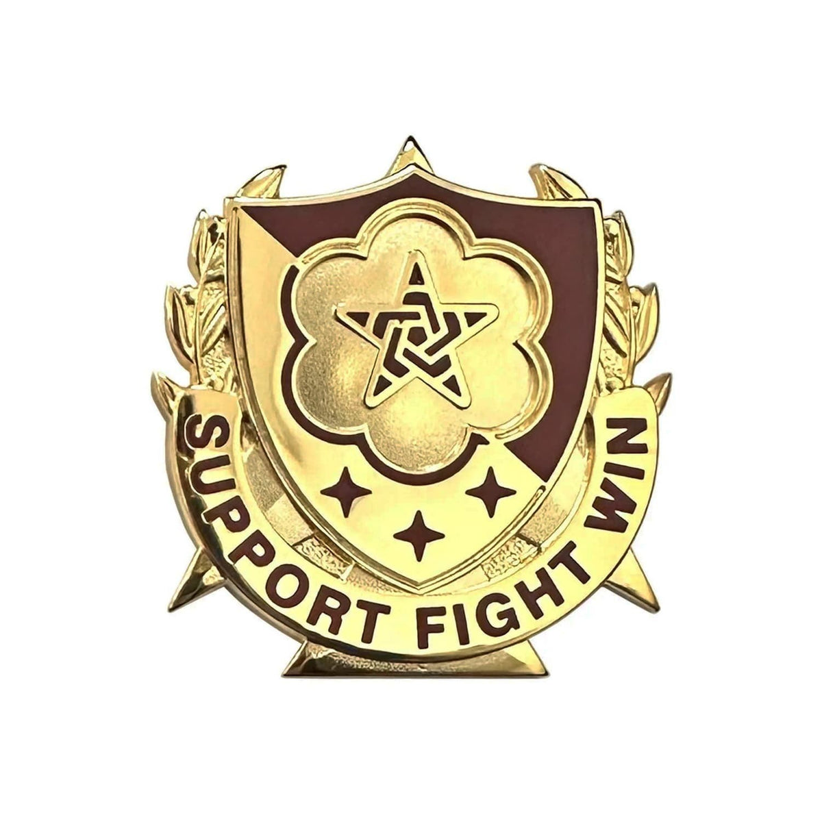 Army Logistics Corps a gold-colored shield-shaped pin with a dark red center, featuring a stylized star, stars, and the words 'SUPPORT FIGHT WIN' on a ribbon banner, shown on a plain white background.