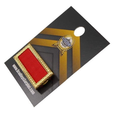 Red ribbon bar with gold frame on a black card with brand logo