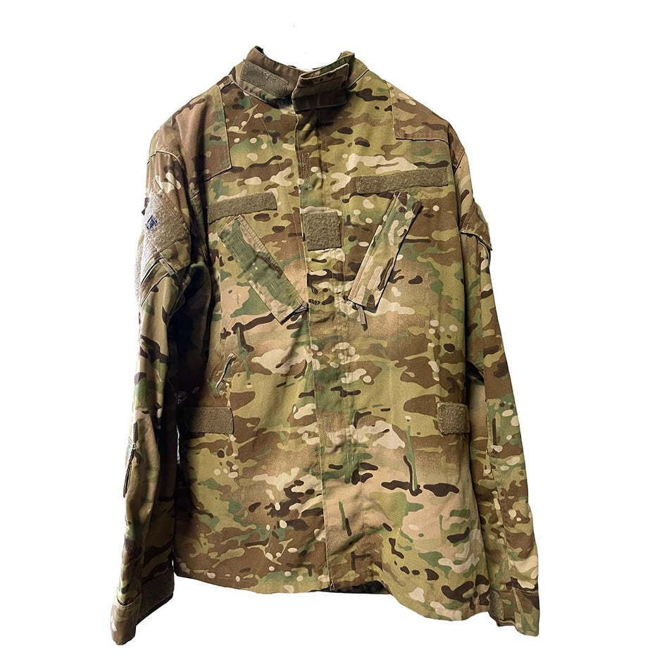 A Multicam OCP Aircrew Coat, featuring a high collar, front button closure, and multiple utility pockets, shown against a plain white background.