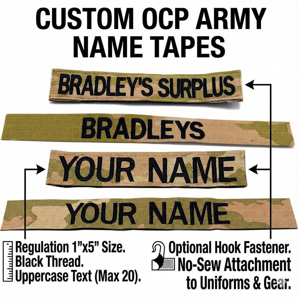 Custom OCP Army name tapes with text and design options on a white background