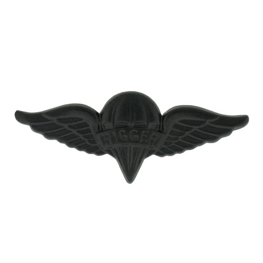 Army Parachute Rigger Badge in Black metal on a white background