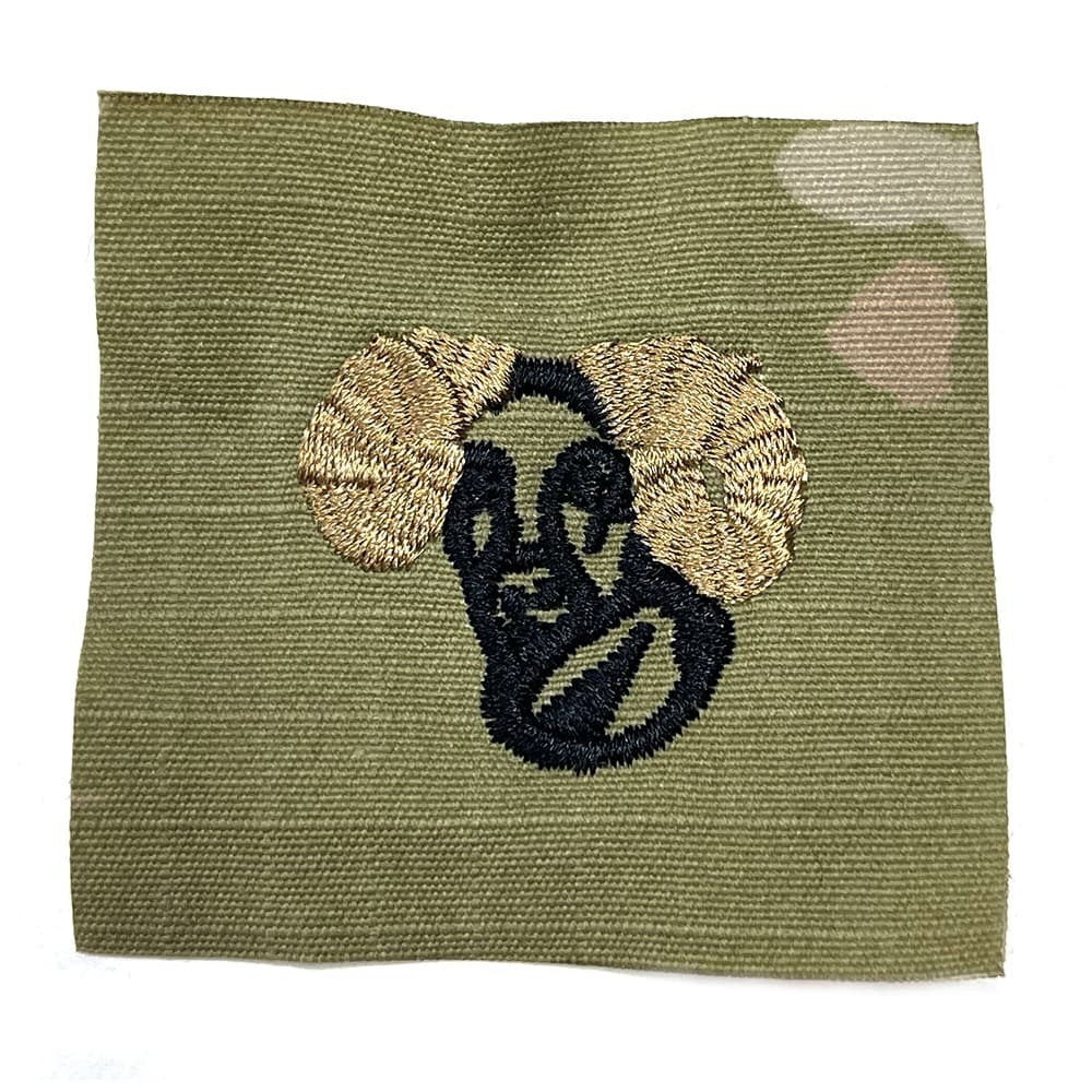 Embroidered patch of a face with ram horns on a OCP fabric background
