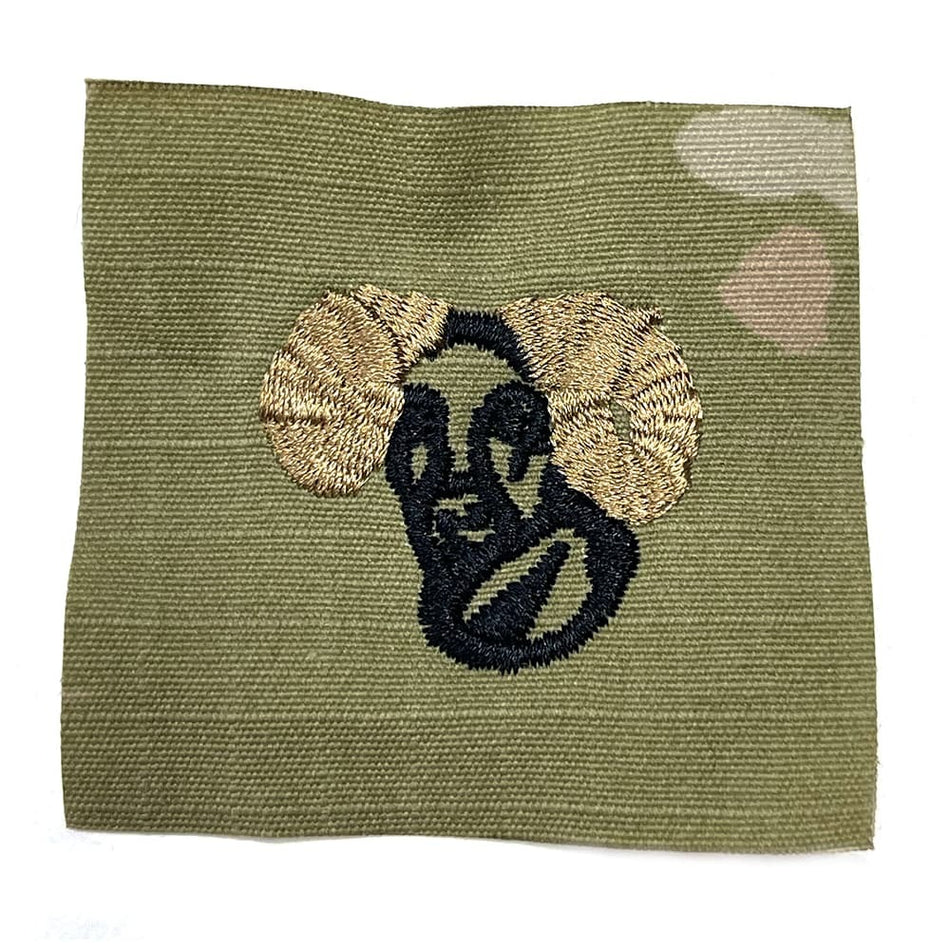 Embroidered patch of a face with ram horns on a OCP fabric background