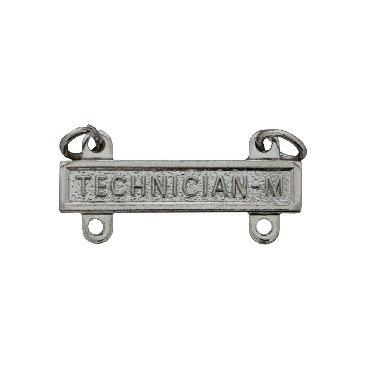 A rectangular silver-toned metal badge or emblem with the embossed text 'TECHNICIAN-M' and two small hanging loops at the top, shown on a plain white background.