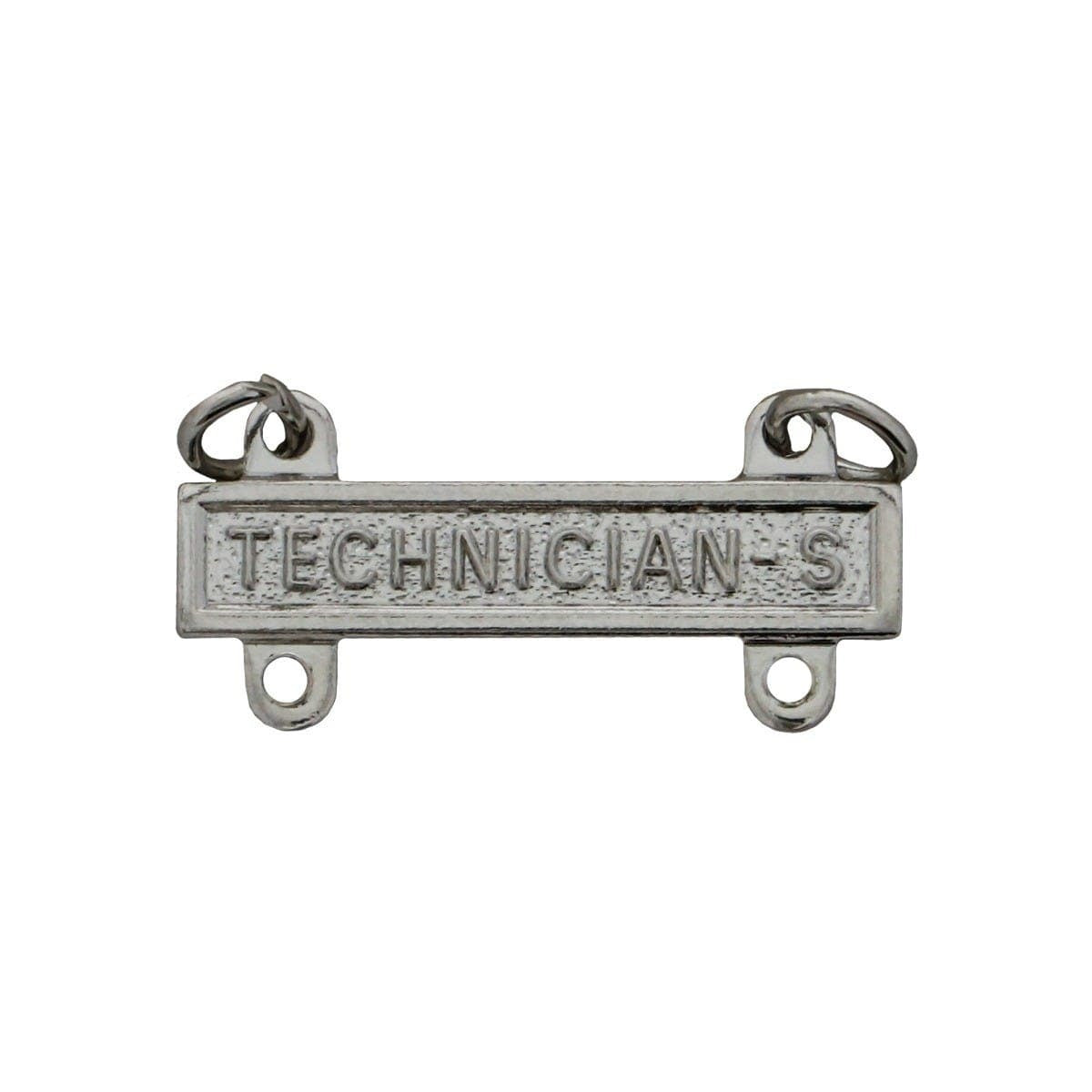 A silver-toned metal Technician-S rank insignia badge with two hanging loops and two mounting holes, shown on a plain white background.