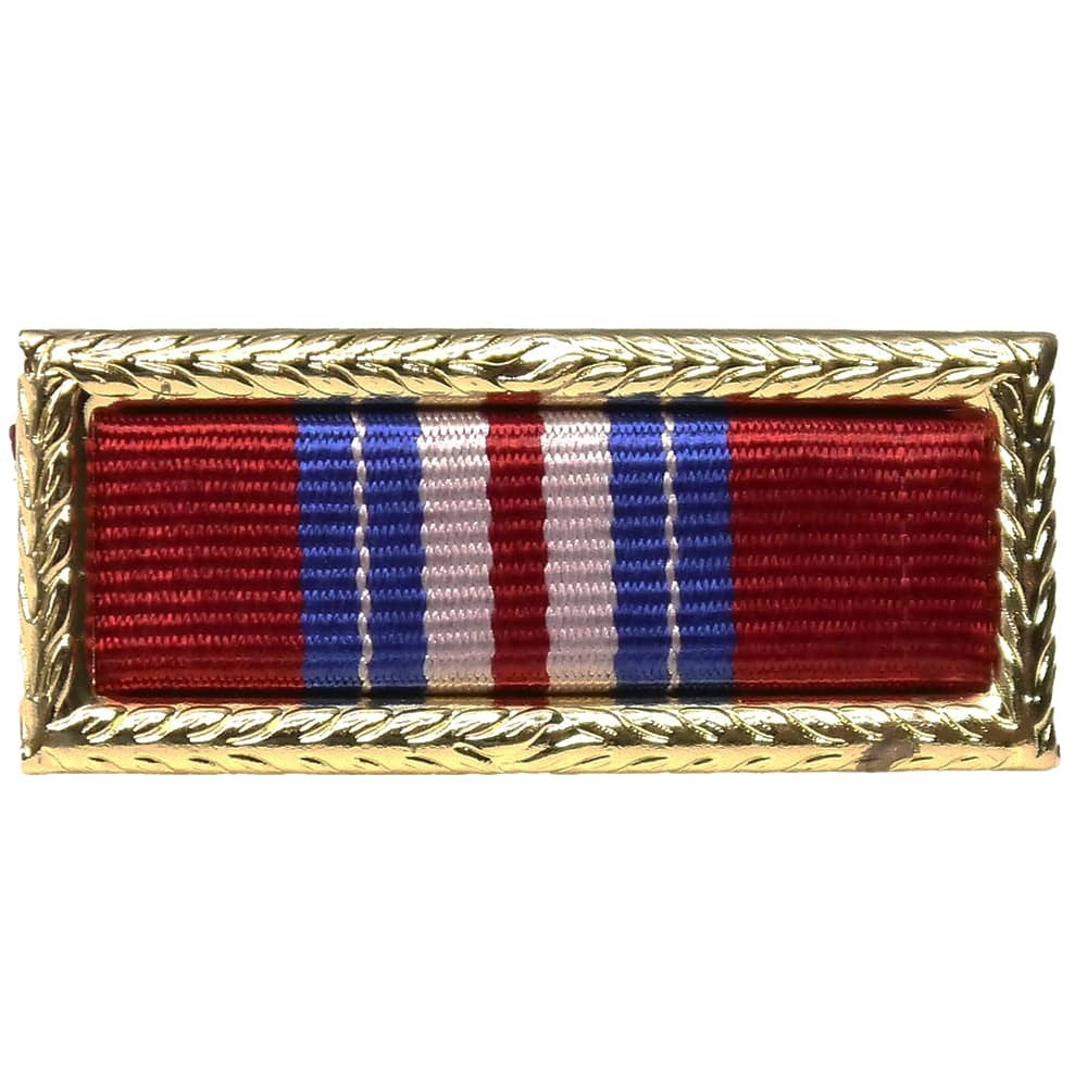 Army Valorous Unit Citation Award with red, blue, and white stripes on a gold frame.
