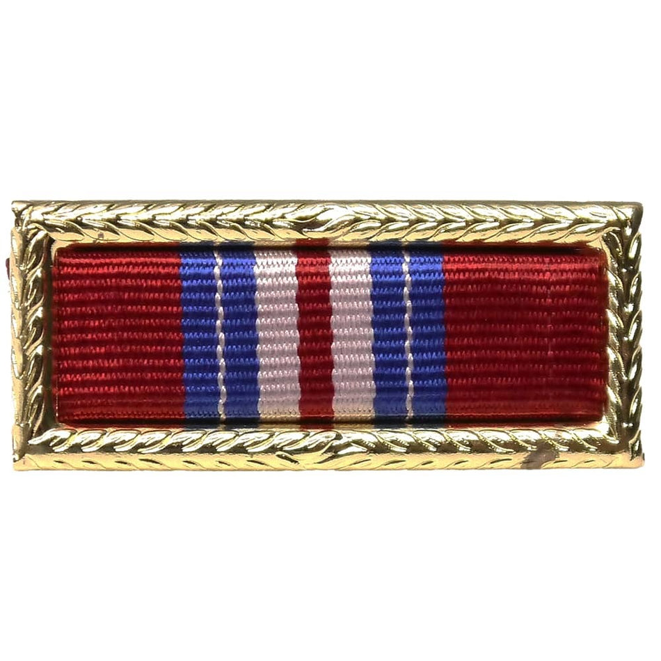 Army Valorous Unit Citation Award with red, blue, and white stripes on a gold frame.