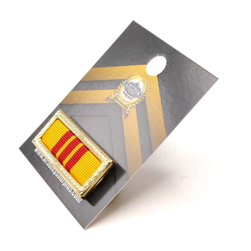 Yellow and red ribbon bar on a gray card with a brand logo.