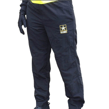 Black pants with a U.S. Army logo on a white background