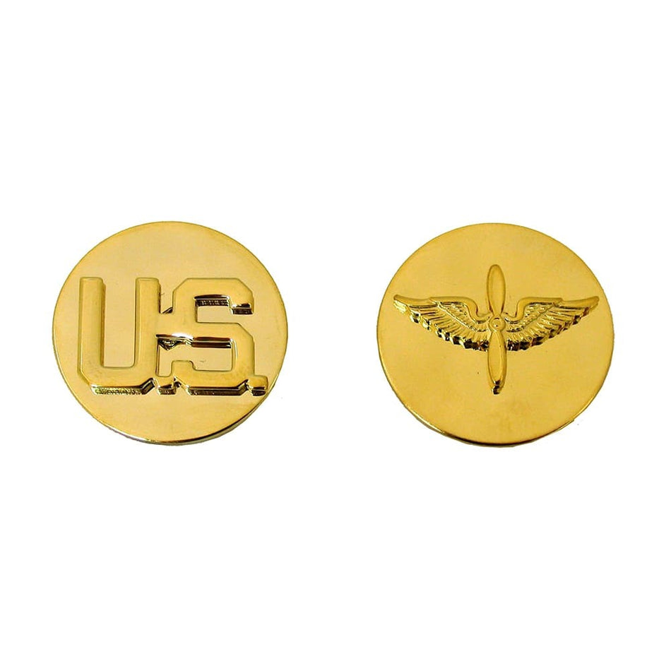Aviation Branch Insignia Army Enlisted two round gold military-style insignia pins on a white background, one showing the letters 'US' and the other showing a winged emblem.