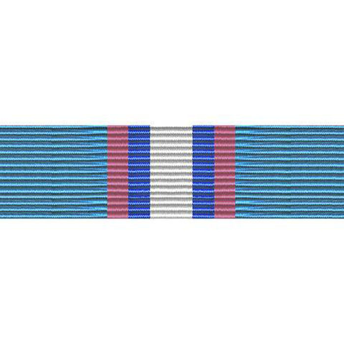 Air Force Outstanding Airman of the Year Ribbon with alternating blue, white, and muted pink stripes on a plain white background.