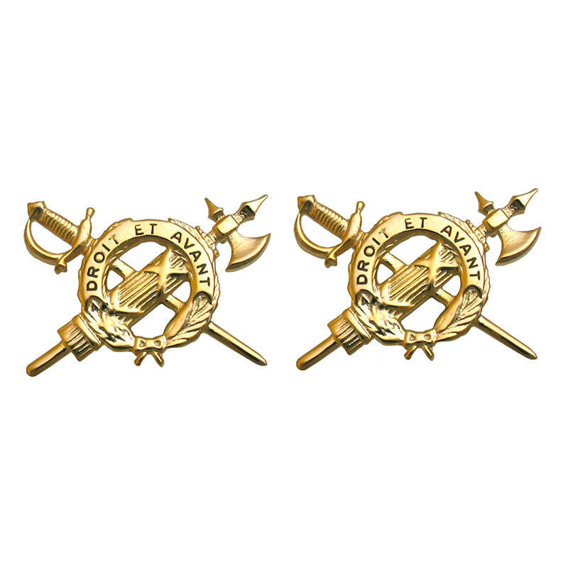 Two identical Inspector General Branch Insignia featuring crossed swords, a ship's wheel, and a laurel wreath with the text 'DROIT ET AVANTI' on a plain white background.
