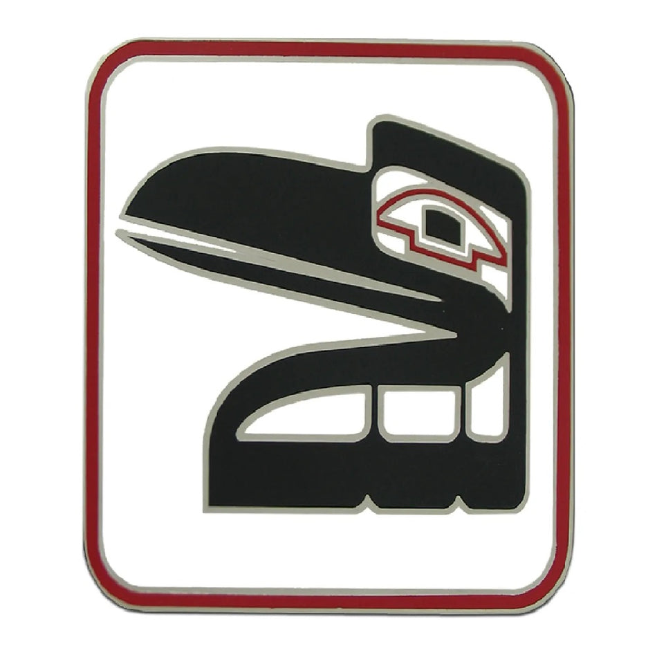 81st Stryker Brigade Combat Team Combat Service Identification Badge featuring a stylized raven head in black with white and red details, set against a white background with a red border.