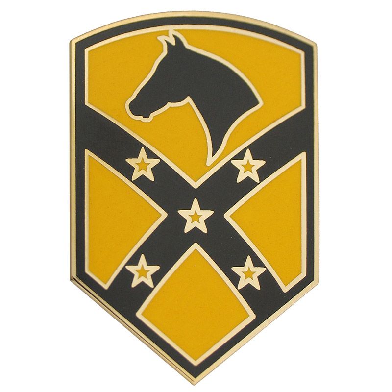15th Sustainment Brigade Combat Service Identification Badge a Shield emblem with horse head and stars on a yellow and black background