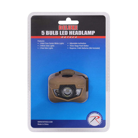 A packaged 5-bulb LED headlamp in tan/brown, mounted on a blue retail blister card with the brand name Rothco visible at the top.