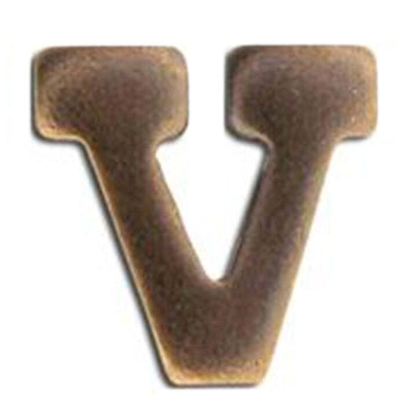 A single metallic letter V in a warm bronze finish, shown on a plain white background.