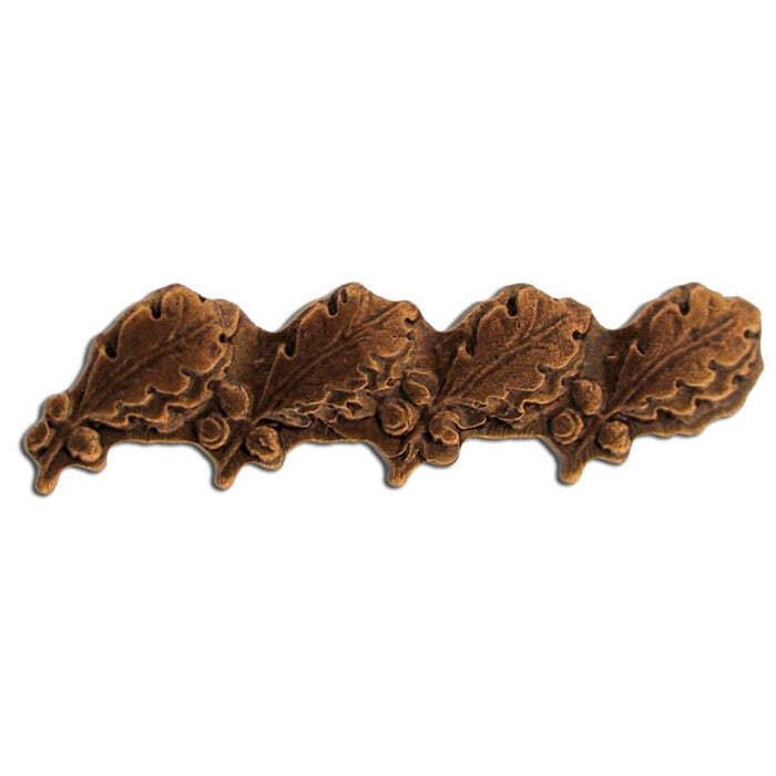 An ornate bronze-finished metal decorative piece featuring a continuous pattern of oak leaves and acorns, shown against a plain white background.