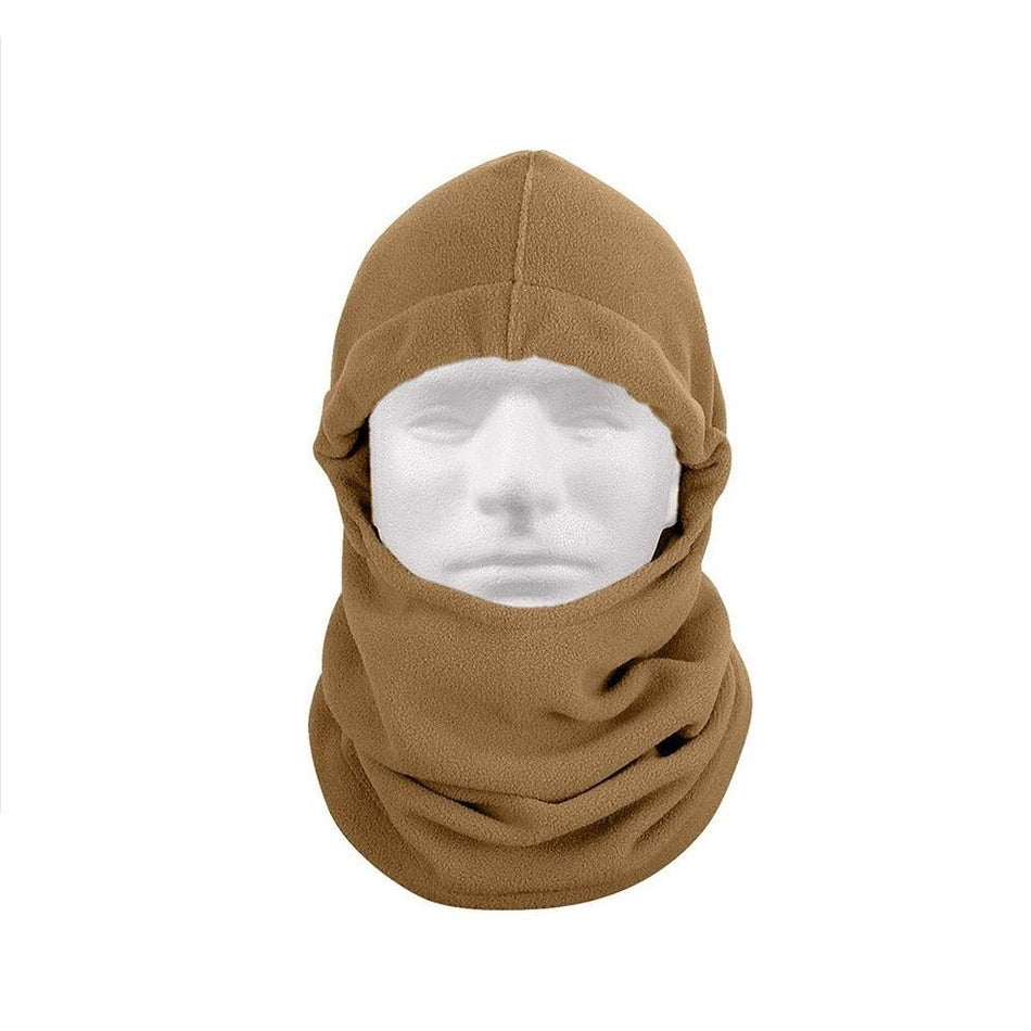 Coyote Brown Adjustable Polar Fleece Balaclava on a mannequin head